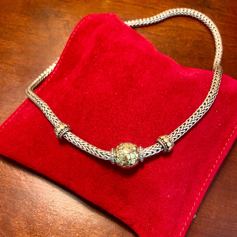 John Hardy, Classic Wheat Sterling Necklace with 18k Gold Dot Slides - 16"